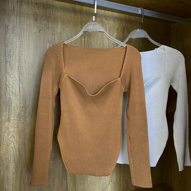 Square Collar Long Sleeve Woman Sweaters Knitted Pullover