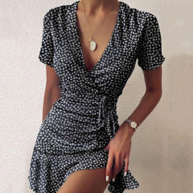 Bohemian Drawstring Dress Women Ladies Sexy Polka Dot Floral Print V-neck Lace-up Dress Party Dresses Vintage Beach Dresses