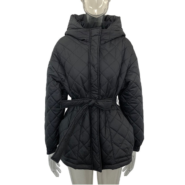 Loose Arygle Quilting Hooded Parkas Women Fashion Solid Thick Short Coats