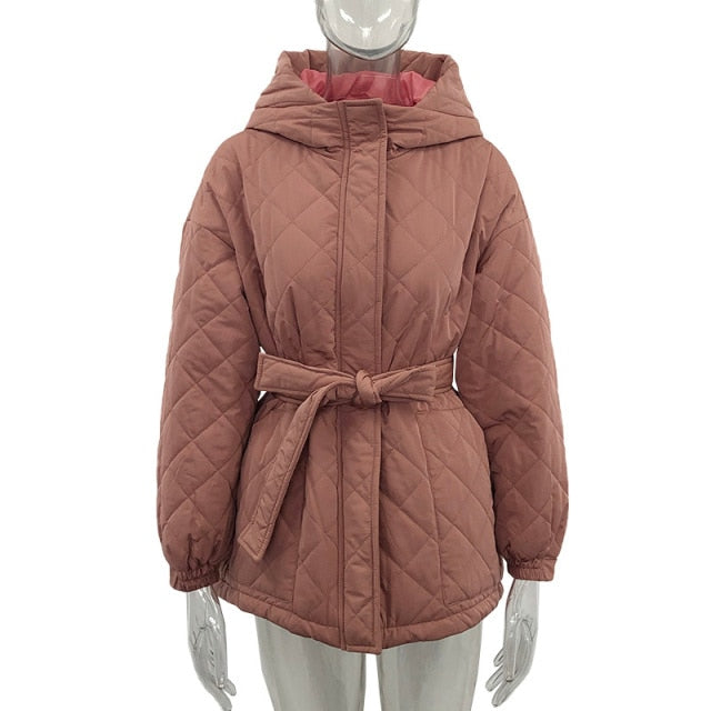 Loose Arygle Quilting Hooded Parkas Women Fashion Solid Thick Short Coats