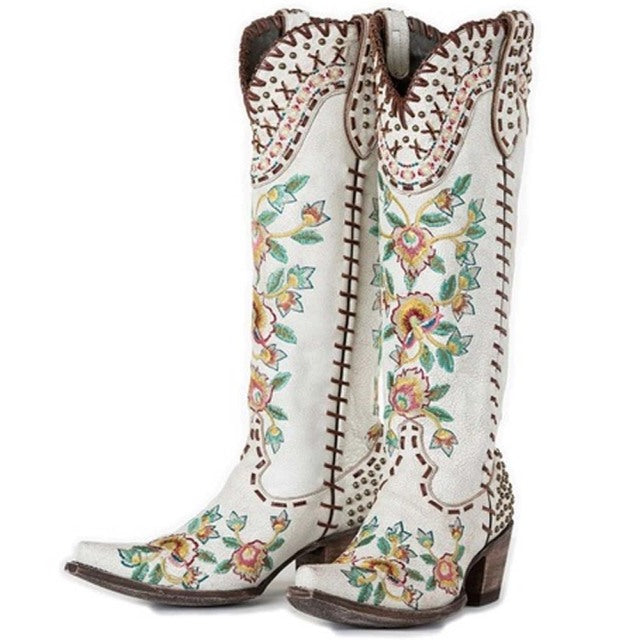 Western Embroidered Cowgirl Boots Vintage Westren Boots Square Toe Mid-calf Chunky Heels Autumn