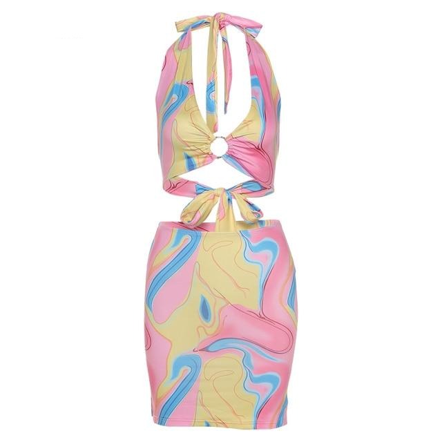 Beach Vacation Sets Tie Dye Women 2021 Sexy Halter Top+Mini Skirt Suit Female платье Outfits