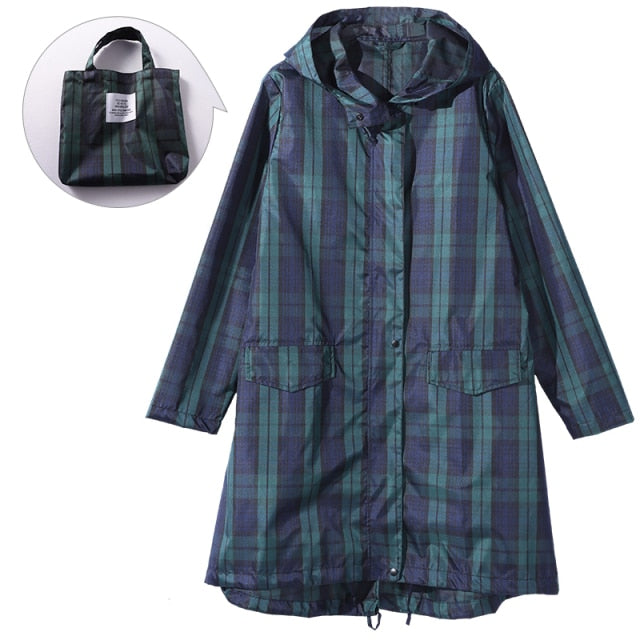 Womens Fastion Green Plaid Long Raincoat Waterproof Rain Jacket Coat Hiking Windbreaker