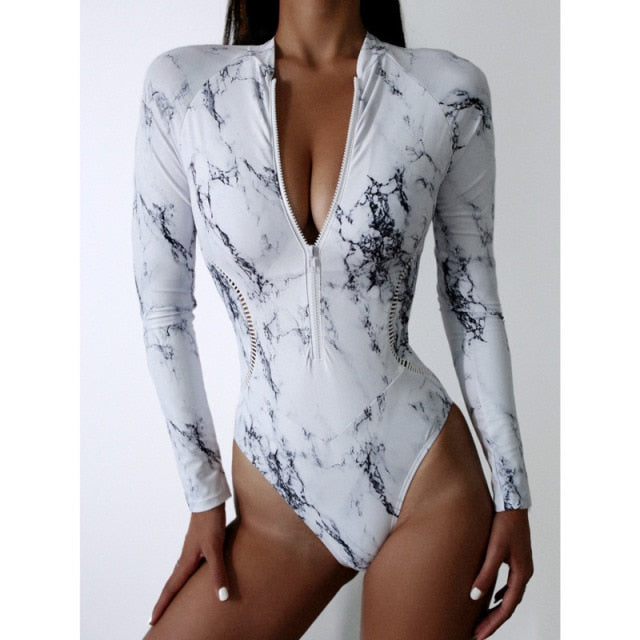 White Solid Color One-Piece Swimsuit Long Sleeve Swimwear Sports