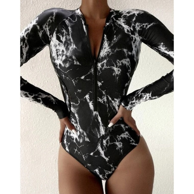 White Solid Color One-Piece Swimsuit Long Sleeve Swimwear Sports