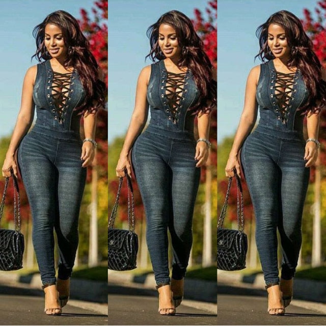 AshoreShop Womens Denim Lace-up Jumpsuit V-neck Bodysuit