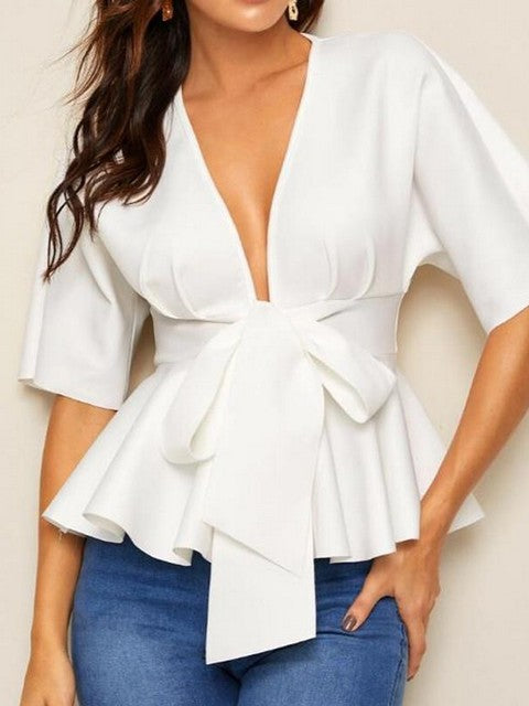 white cotton blouse Summer women's deep V sexy ruffled hem belt shirt