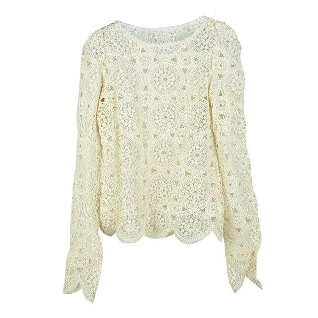 Vintage Elegant Floral Lace Blouse Shirt Women Long Sleeve White Blouse