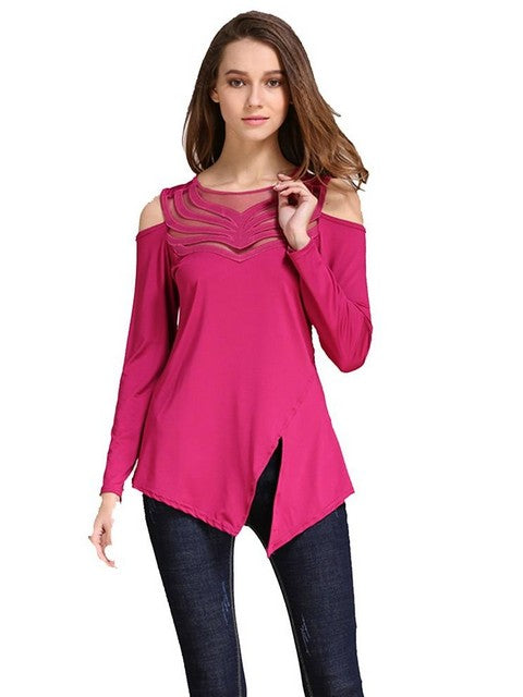 Ashoreshop Womens Mesh Knitted Long Sleeve Tee Sexy Lace Up Off Shoulder T Shirt Female Casual Slim Long Sleeve Tees Tops Ladies Casual Top