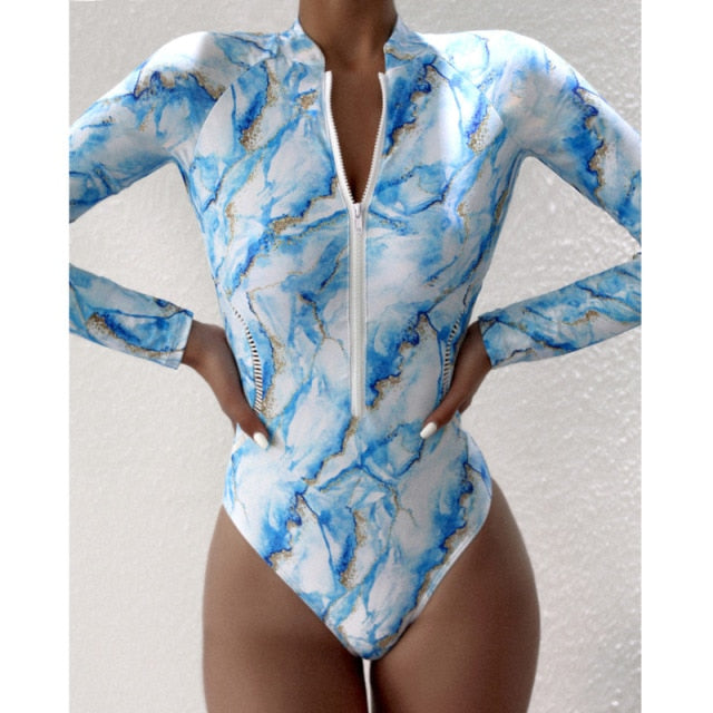 White Solid Color One-Piece Swimsuit Long Sleeve Swimwear Sports