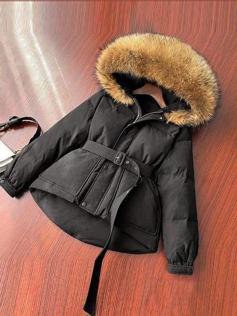  90% White Duck Down Parka Female Hooded Puffer Jacket With Belt Factory Price Limited Quantity