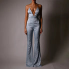 Summer Jumsuit Chain Lace-up Satin Boydcon  Jumpsuit Women Backless High Street One Piece Wide Leg Jumpsuits