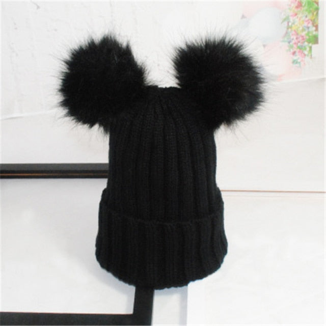 Women's Winter Warm Beanie Hat with Double Fur Pom Pom Hat