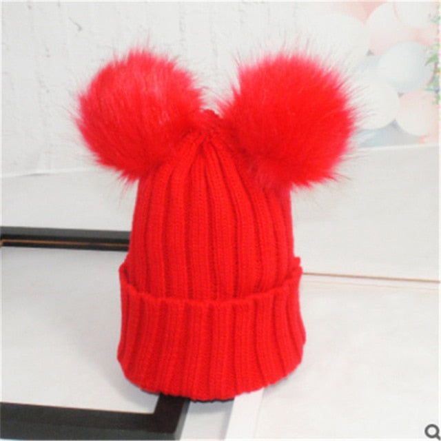 Women's Winter Warm Beanie Hat with Double Fur Pom Pom Hat