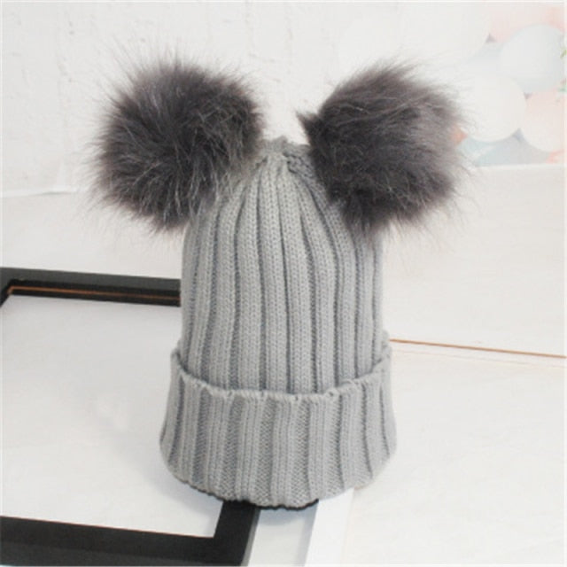 Women's Winter Warm Beanie Hat with Double Fur Pom Pom Hat