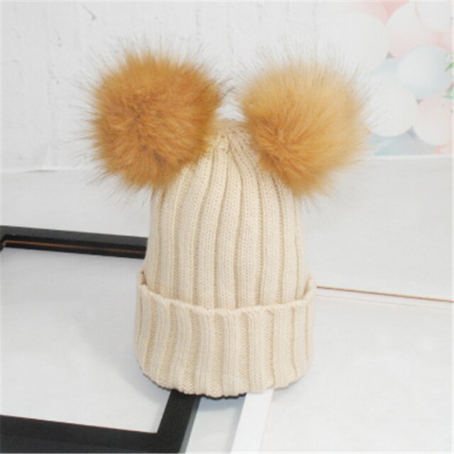 Women's Winter Warm Beanie Hat with Double Fur Pom Pom Hat