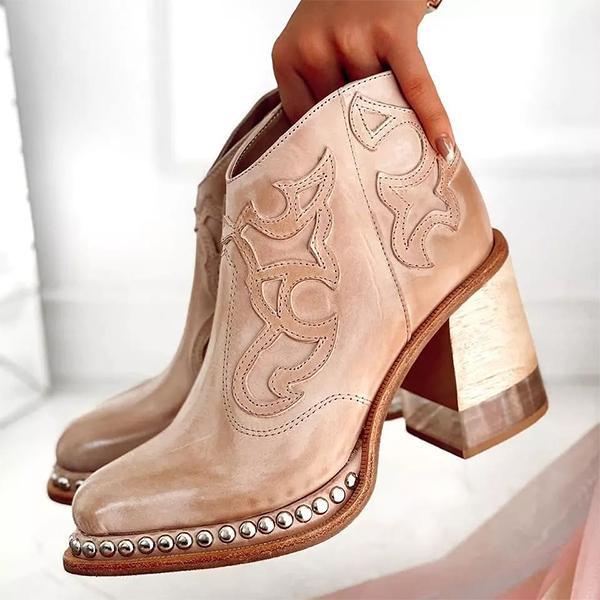 2023 Womens Comfortable Square Heel and Pointy Toe Engrave Embroidery Ankle Boots