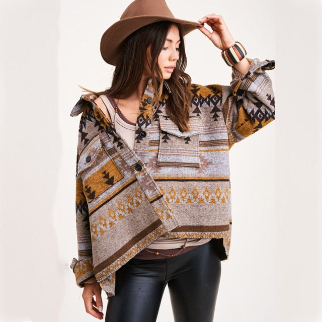 Indian Pattern Western Cowgirl Jacket Women Splicing Loose Jacket Denim