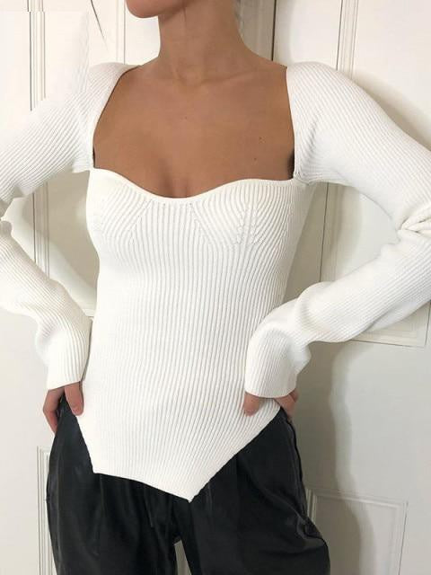 Ashoreshop Square Neck Long Sleeve Sexy Women Sweater White Long Sleeve Casual Tee