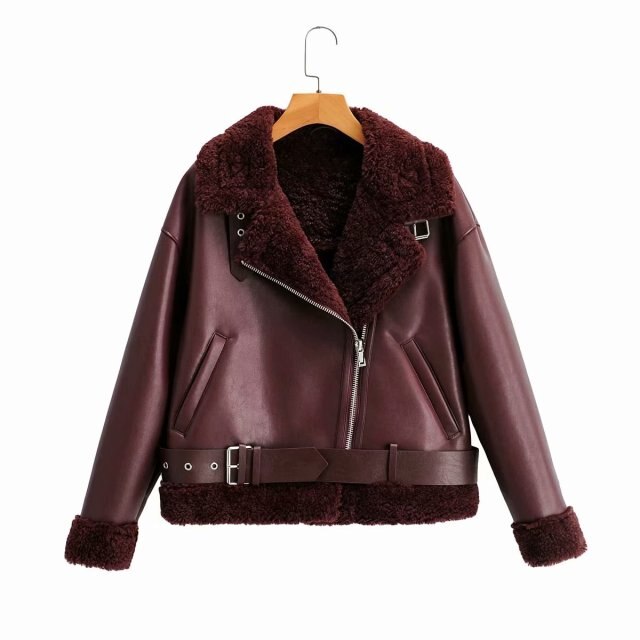 Womens Faux Shearling Motorcycle Warm Black Burgundy Jackets