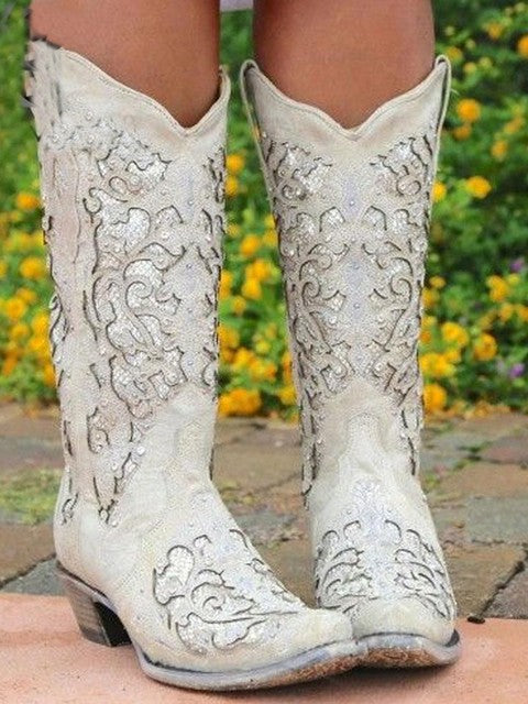 High Quality Pointed Toe Embroidery Chunky Heels Western Boots