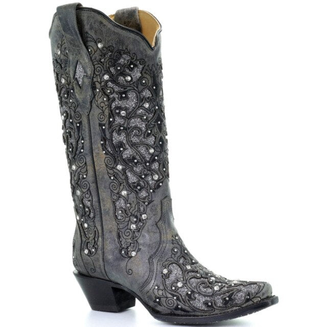 High Quality Pointed Toe Embroidery Chunky Heels Western Boots