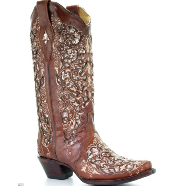 High Quality Pointed Toe Embroidery Chunky Heels Western Boots