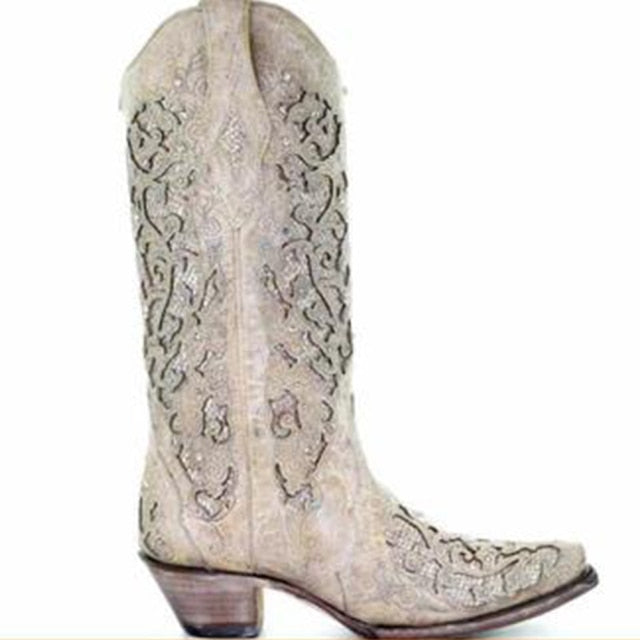 High Quality Pointed Toe Embroidery Chunky Heels Western Boots
