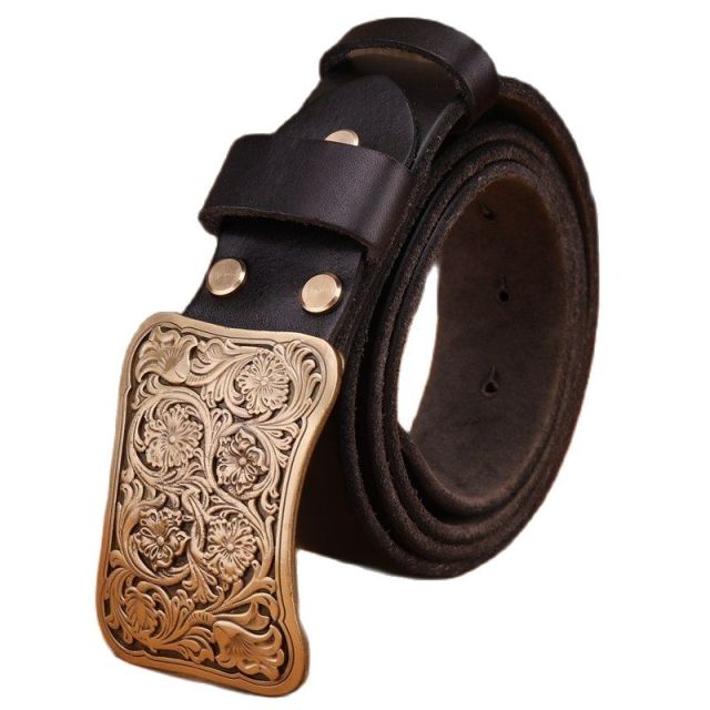 Solid brass flower buckle brown black mens belts luxury full grain cowhide genuine leather high quality vintage gold waist women