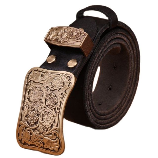 Solid brass flower buckle brown black mens belts luxury full grain cowhide genuine leather high quality vintage gold waist women