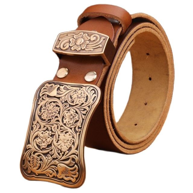 Solid brass flower buckle brown black mens belts luxury full grain cowhide genuine leather high quality vintage gold waist women