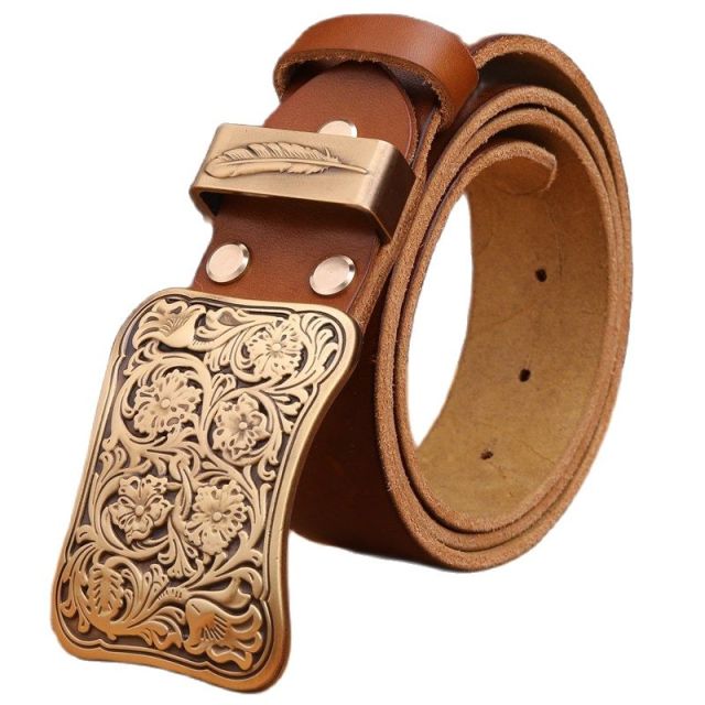 Solid brass flower buckle brown black mens belts luxury full grain cowhide genuine leather high quality vintage gold waist women