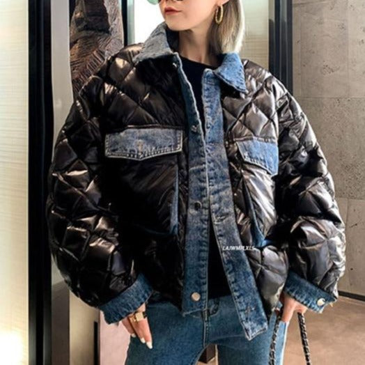 Winter Women Shirt Jacket Denim Patchwork 2021 Down Padded Coat