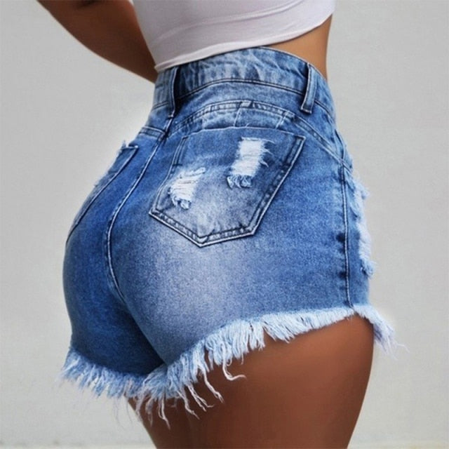 Women Slim Fringe Edge Ripped Hole Denim Shorts