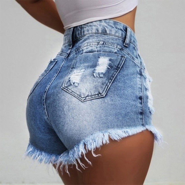 Women Slim Fringe Edge Ripped Hole Denim Shorts