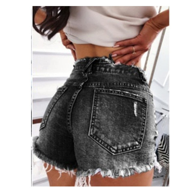 Women Slim Fringe Edge Ripped Hole Denim Shorts