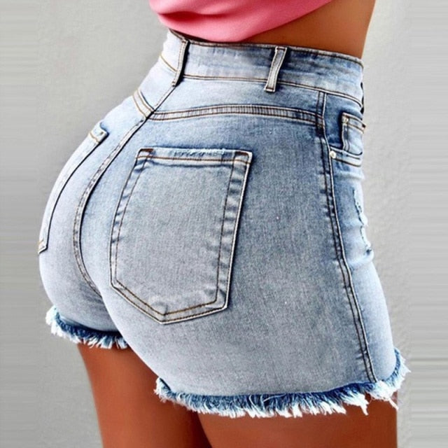 Women Slim Fringe Edge Ripped Hole Denim Shorts