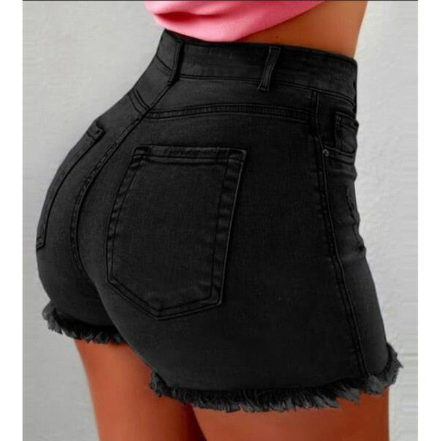 Women Slim Fringe Edge Ripped Hole Denim Shorts