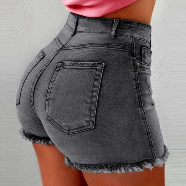 Women Slim Fringe Edge Ripped Hole Denim Shorts