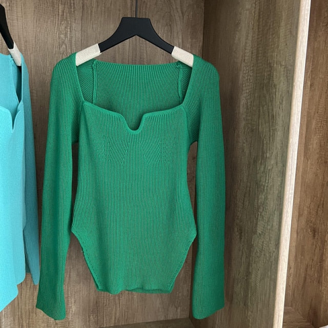 Square Collar Long Sleeve Woman Sweaters Knitted Pullover