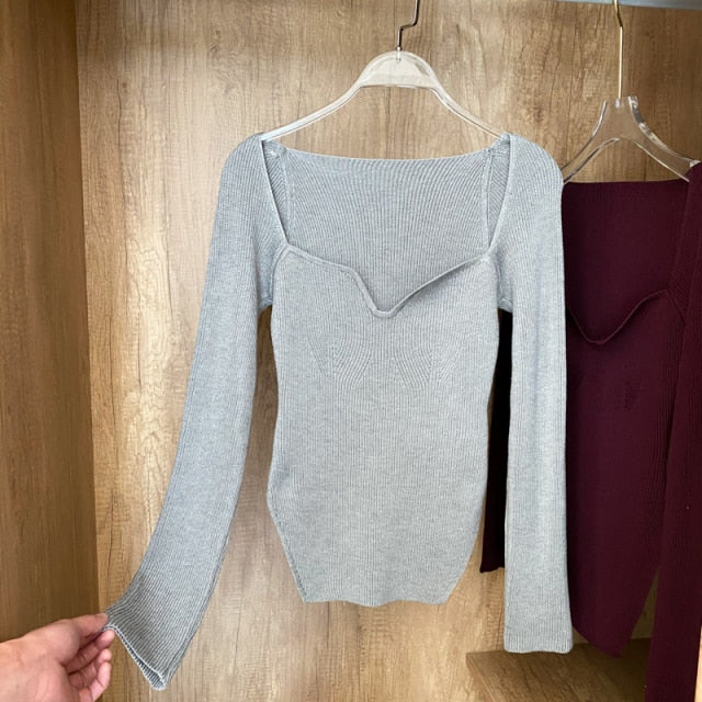 Square Collar Long Sleeve Woman Sweaters Knitted Pullover