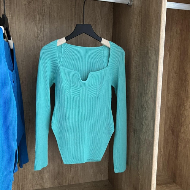 Square Collar Long Sleeve Woman Sweaters Knitted Pullover