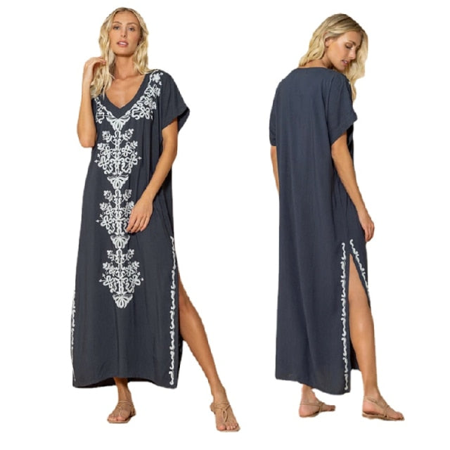 Embroidery Beach Cover up Saida de Praia Swimsuit Women Bikini cover up Tunics for Beach Pareo Sarong Beachwear #Q790