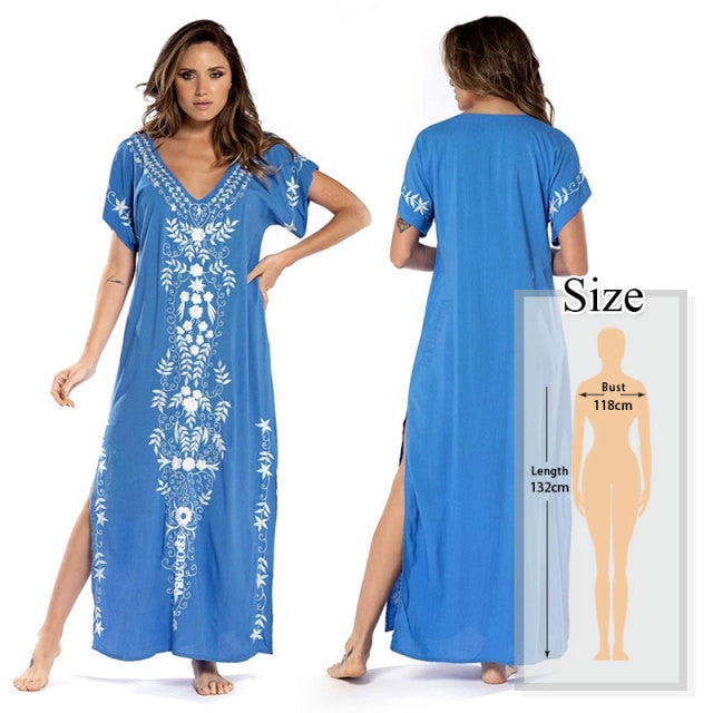 Embroidery Beach Cover up Saida de Praia Swimsuit Women Bikini cover up Tunics for Beach Pareo Sarong Beachwear #Q790