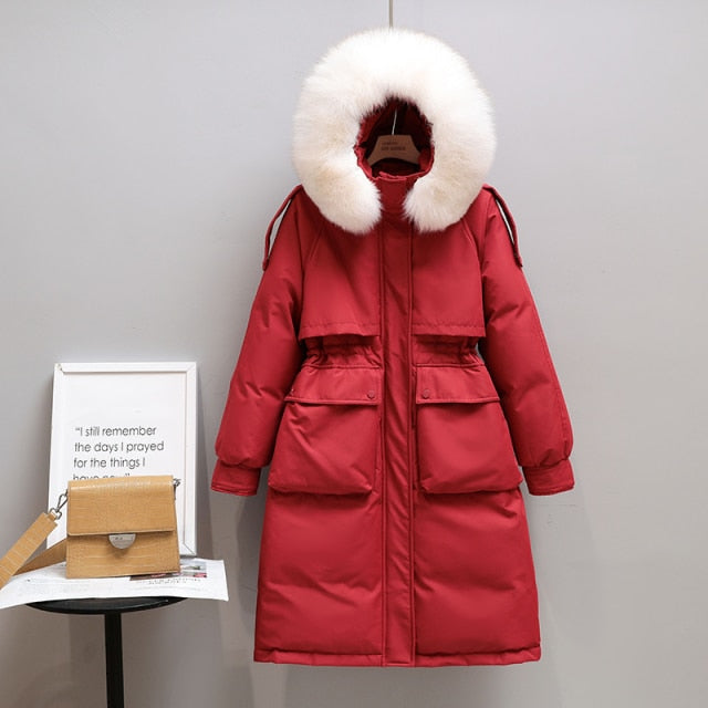 90% Real Down Long Parka Winter Women Long Jacket Large Natural Fur Hooded Parka