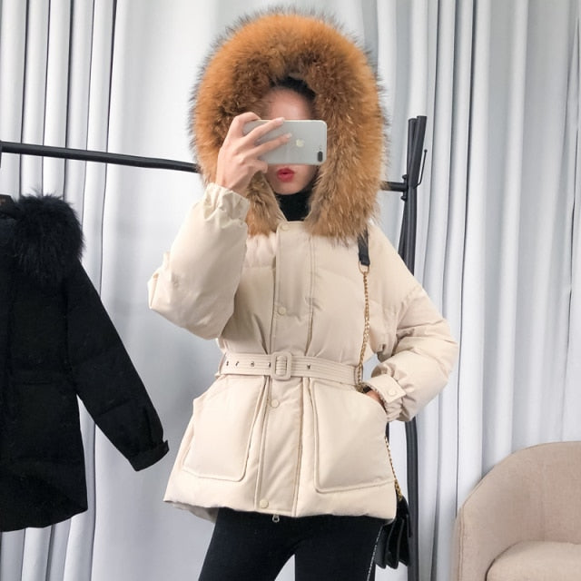 90% Real Duck Down Coat Winter Large Natural Fur Collar Hooded Jacket Women