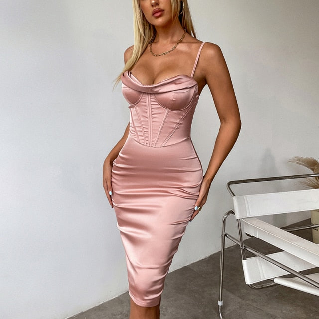 Prom Party Satin Corset Dress Spaghetti Strap Boning Push up Padded 2 Layer Dresses