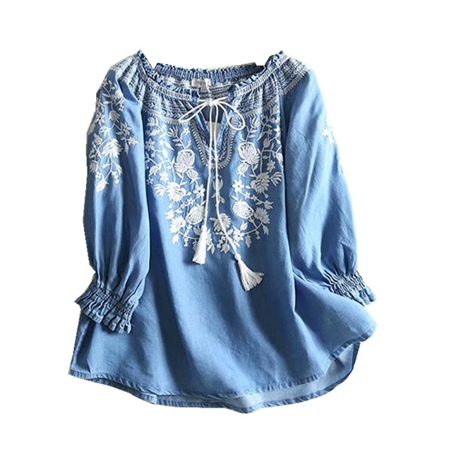 Vintage Chic Women Floral Embroidery Beach Bohemian Denim Cotton Blouse Shirt