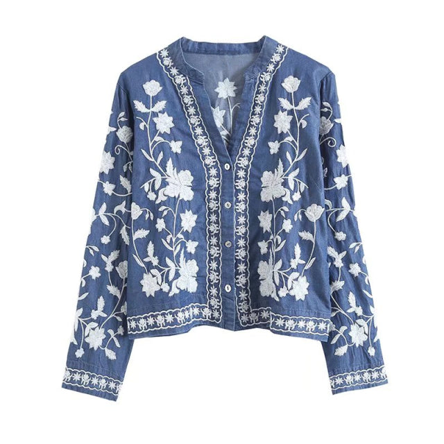 Western Boho Vintage Denim Cotton Blue Embroidery Cardigan