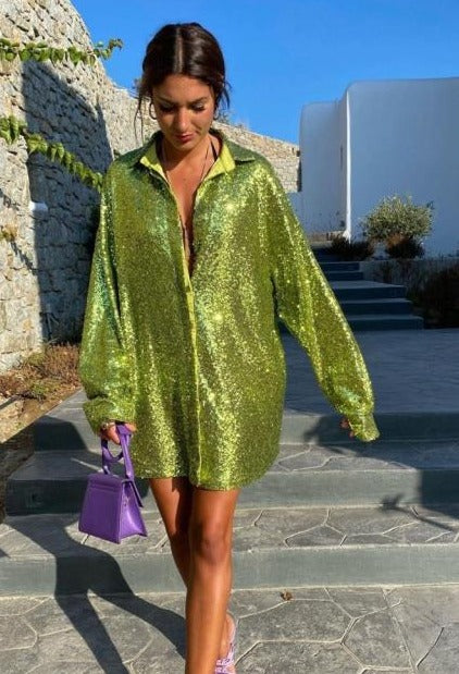 Women Mini V Neck Green Sequins Party Dresses Shirt Long Sleeve